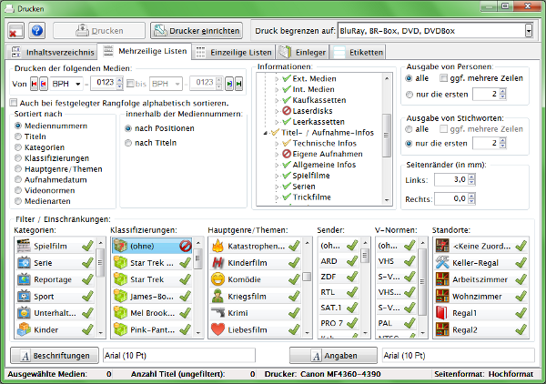 Heyer's Heim-Videothek: Mehrzeilige Liste